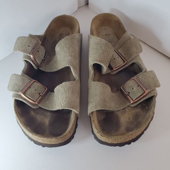Birkenstock Arizona 2 Buckle Taupe Suede Nubuck Sandals Sz 39 M7 W9 Narrow - Picture 1 of 10